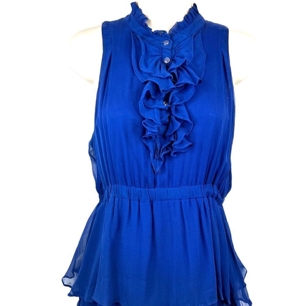 100% Silk Cocktail Dress Tiered Ruffles in Navy Blue Women's Size Small - Picture 3 of 10
